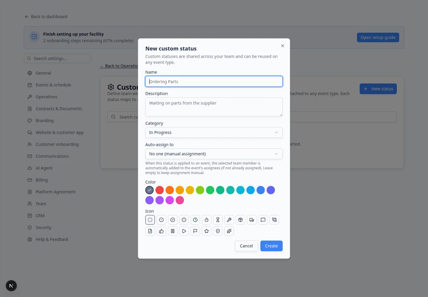 New custom status window with name, description, category, auto-assign user, color, and icon choices