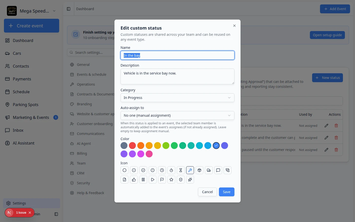Edit custom status dialog showing name, description, category, color, and icon fields for Waiting on customer