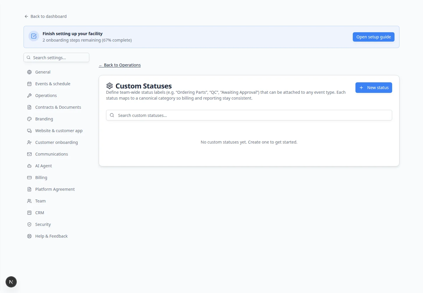 Custom statuses page showing Waiting on customer, In the bay, and Ready for pickup status labels