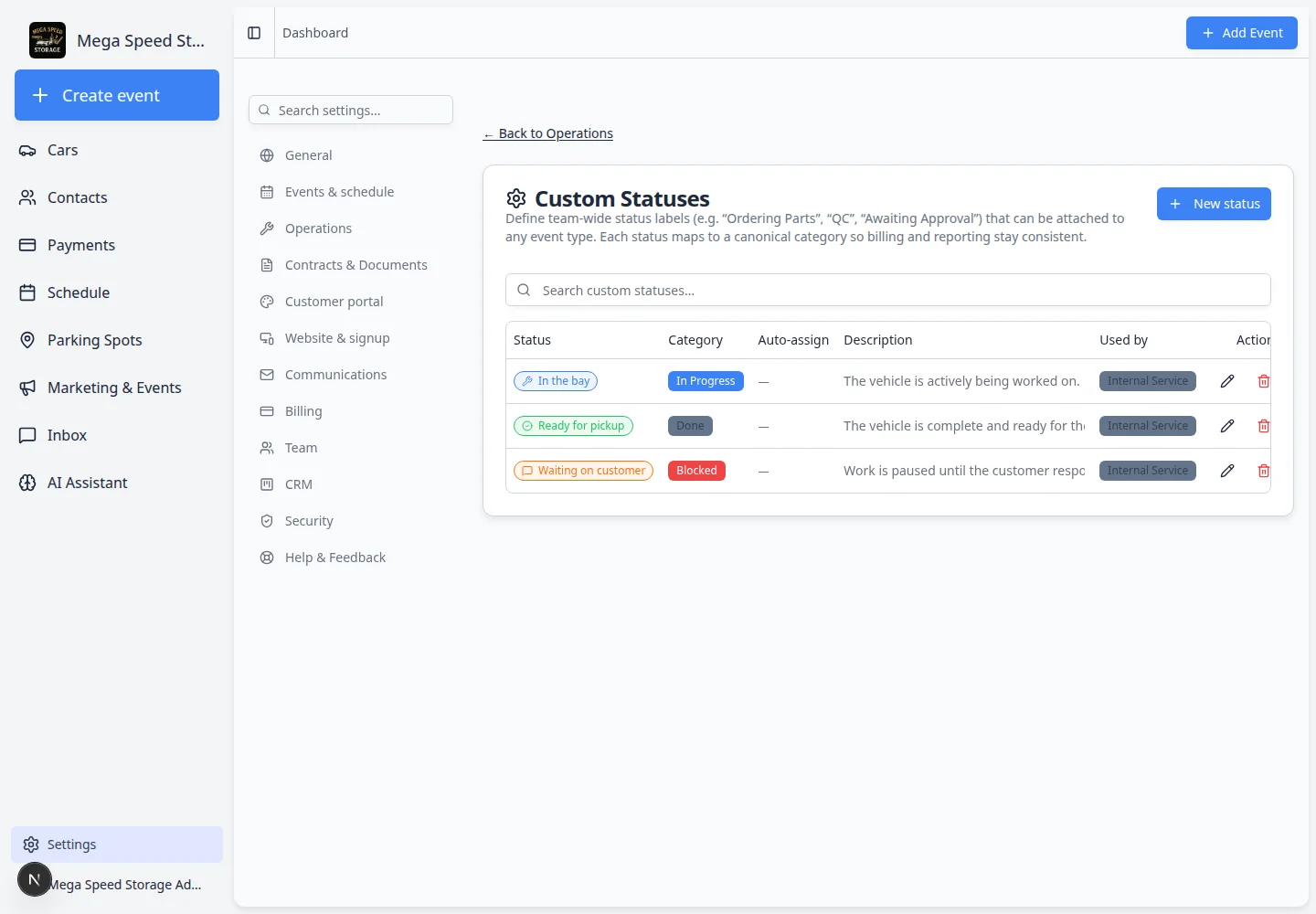Custom statuses page showing Waiting on customer, In the bay, and Ready for pickup status labels