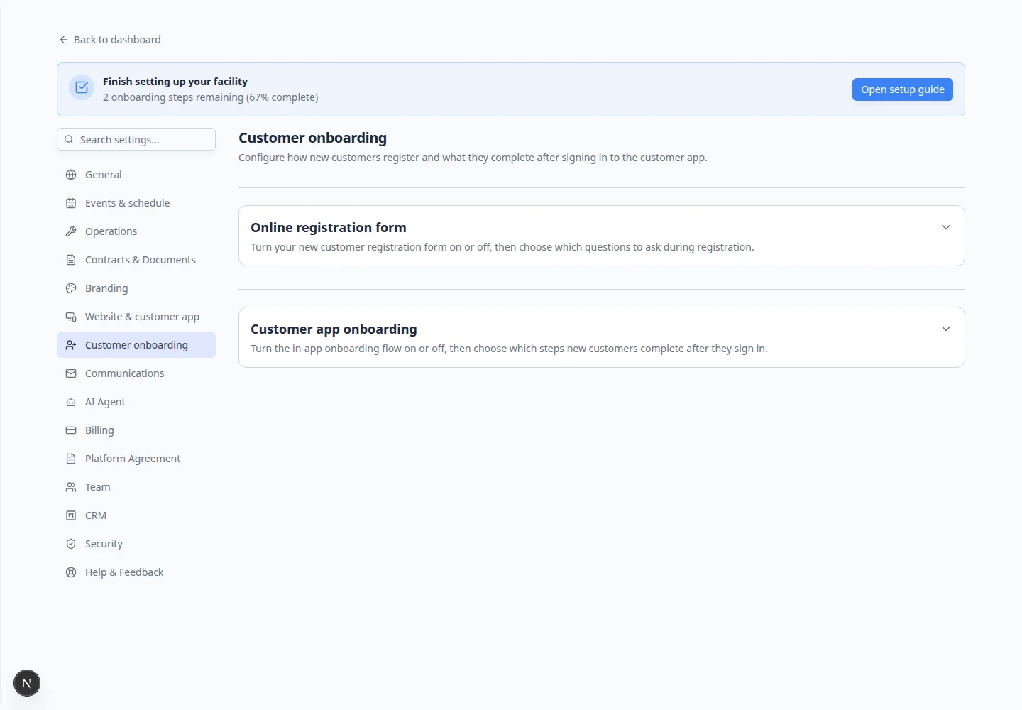 Customer app onboarding section showing draggable steps such as Welcome, Profile, Cars, Contract Signing, and Document Upload with enable toggles