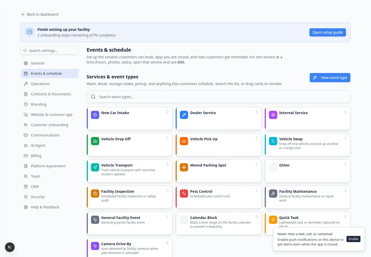 Events and schedule settings page showing Services and event types table with Add Event Type button