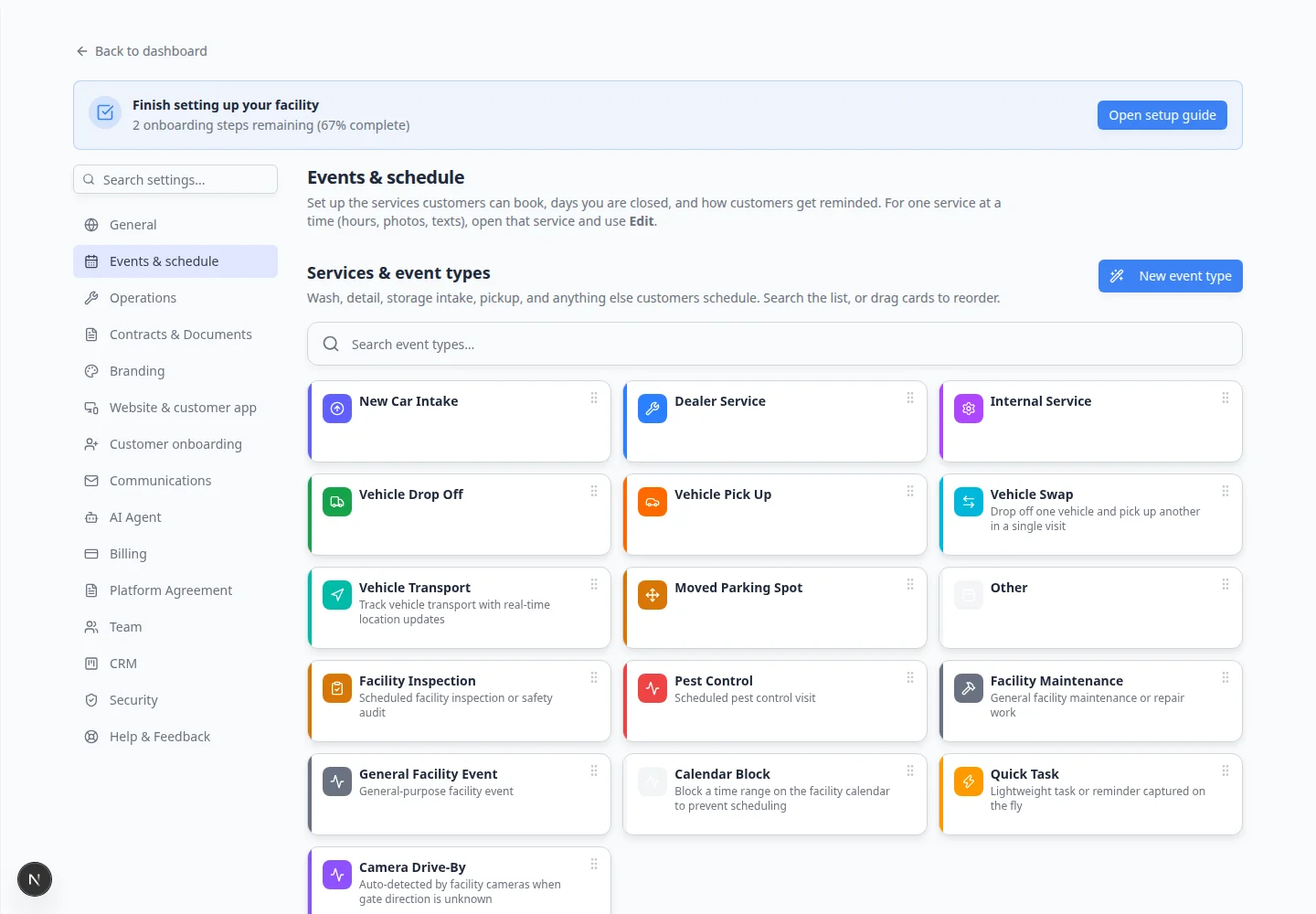 Events and schedule settings showing Service plans table with plan names, item counts, and Active status