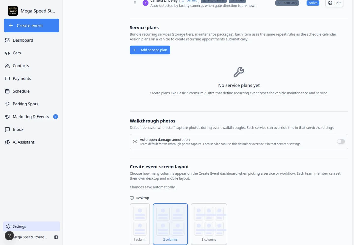 Events and schedule settings showing Walkthrough photos section with toggle for auto-open damage annotation