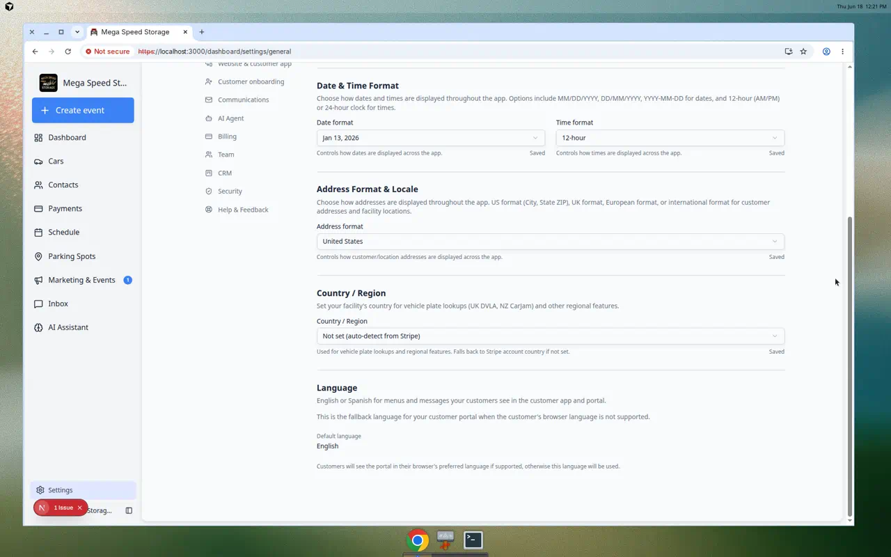 General settings page showing timezone, date format, address format, country, and language sections