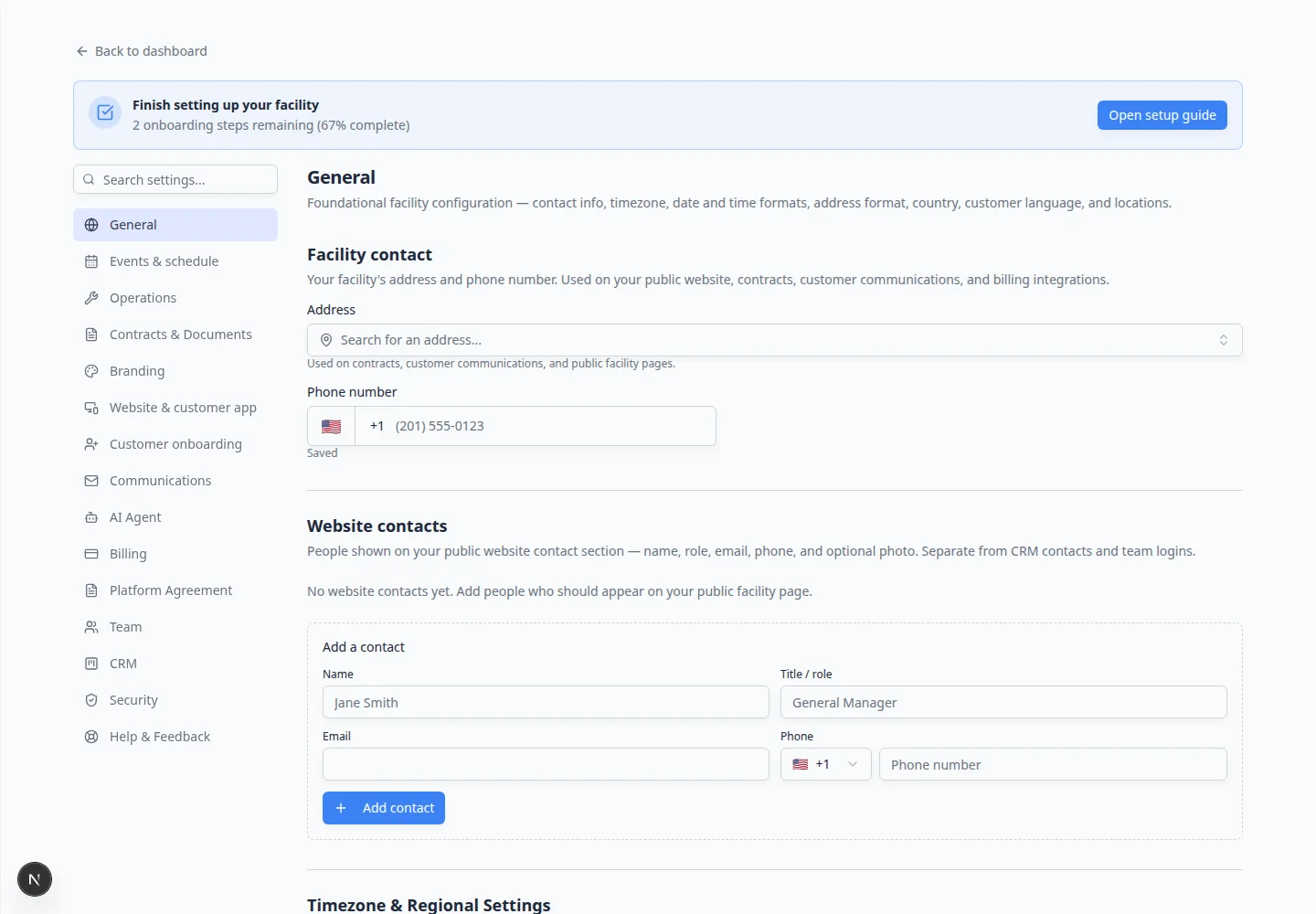 General settings page showing timezone, date and time format, address format, and country sections