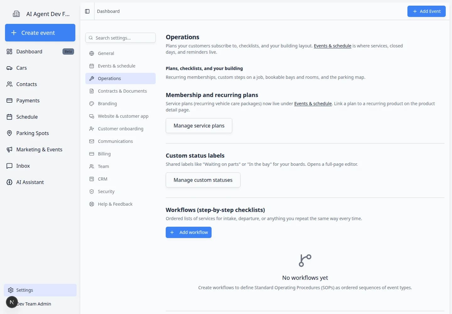 Operations settings page showing membership plans, custom status labels, workflows, bookable bays, and parking sections