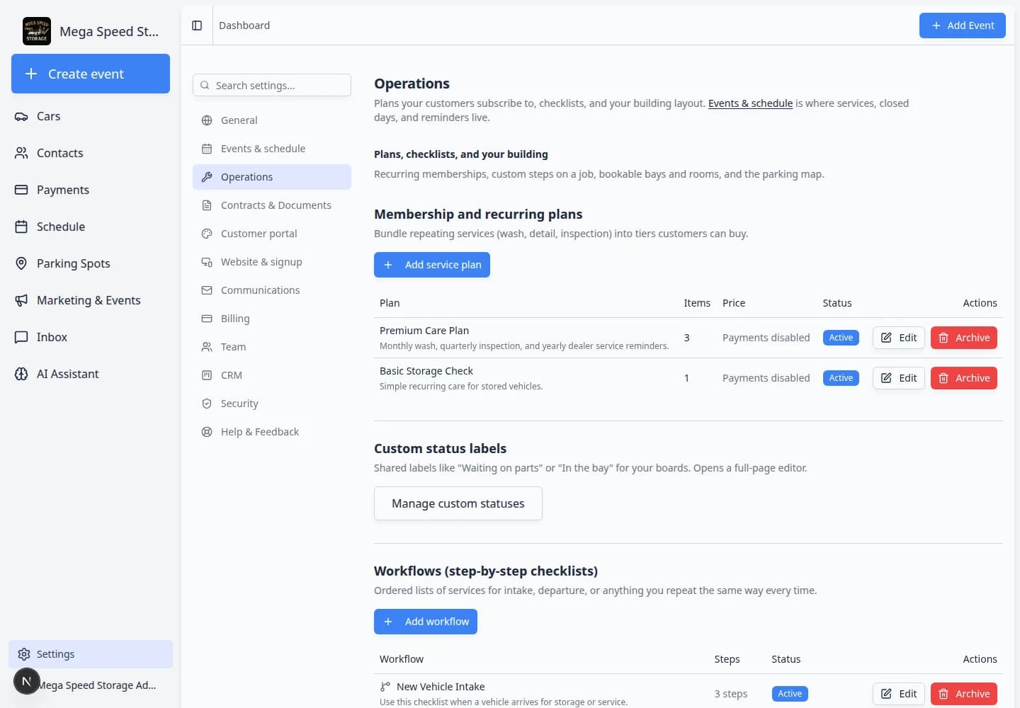 Operations settings page showing membership and recurring plans, custom status labels, workflows, bookable bays and rooms, and parking and floor plan sections