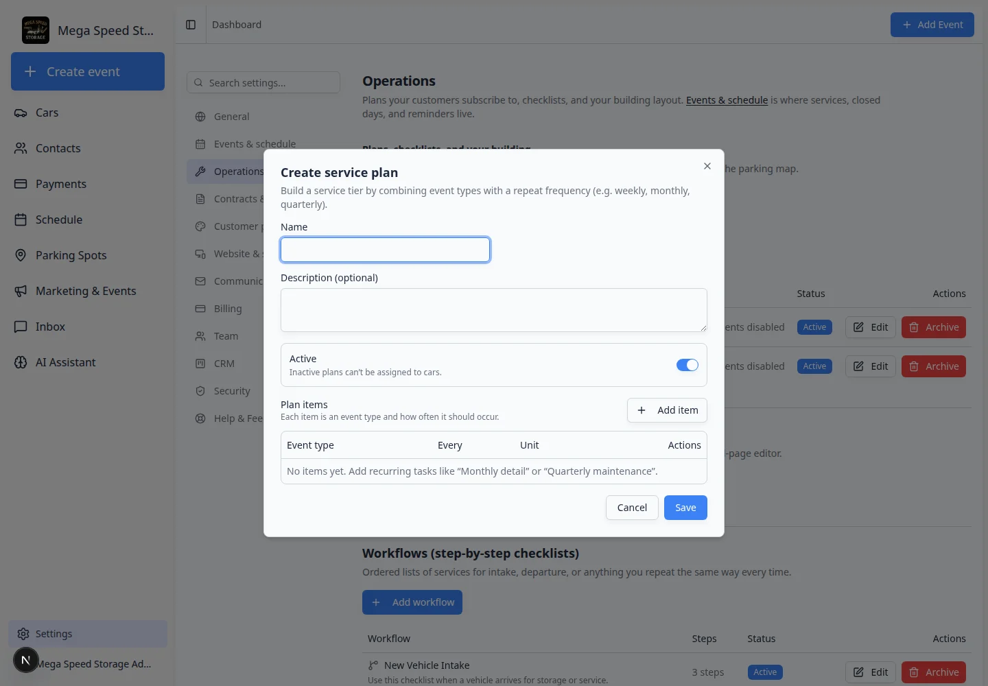 Create service plan window with name, description, active switch, and plan items table