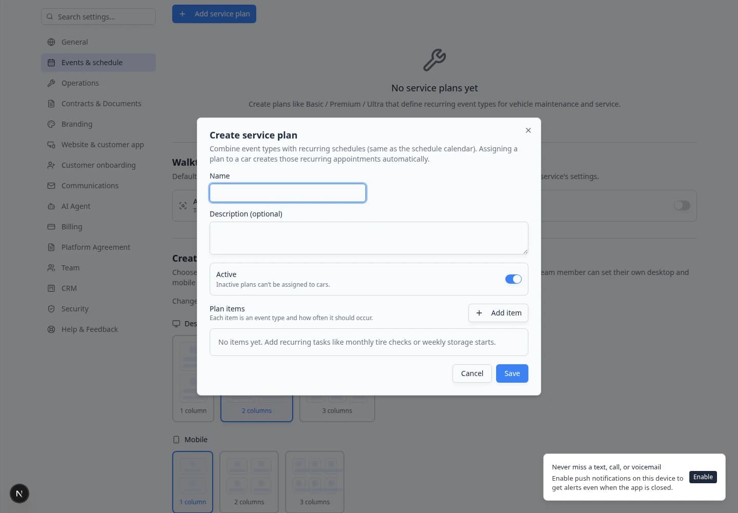 Create service plan dialog focused on Plan items table showing event type, recurring schedule, start time, and duration fields
