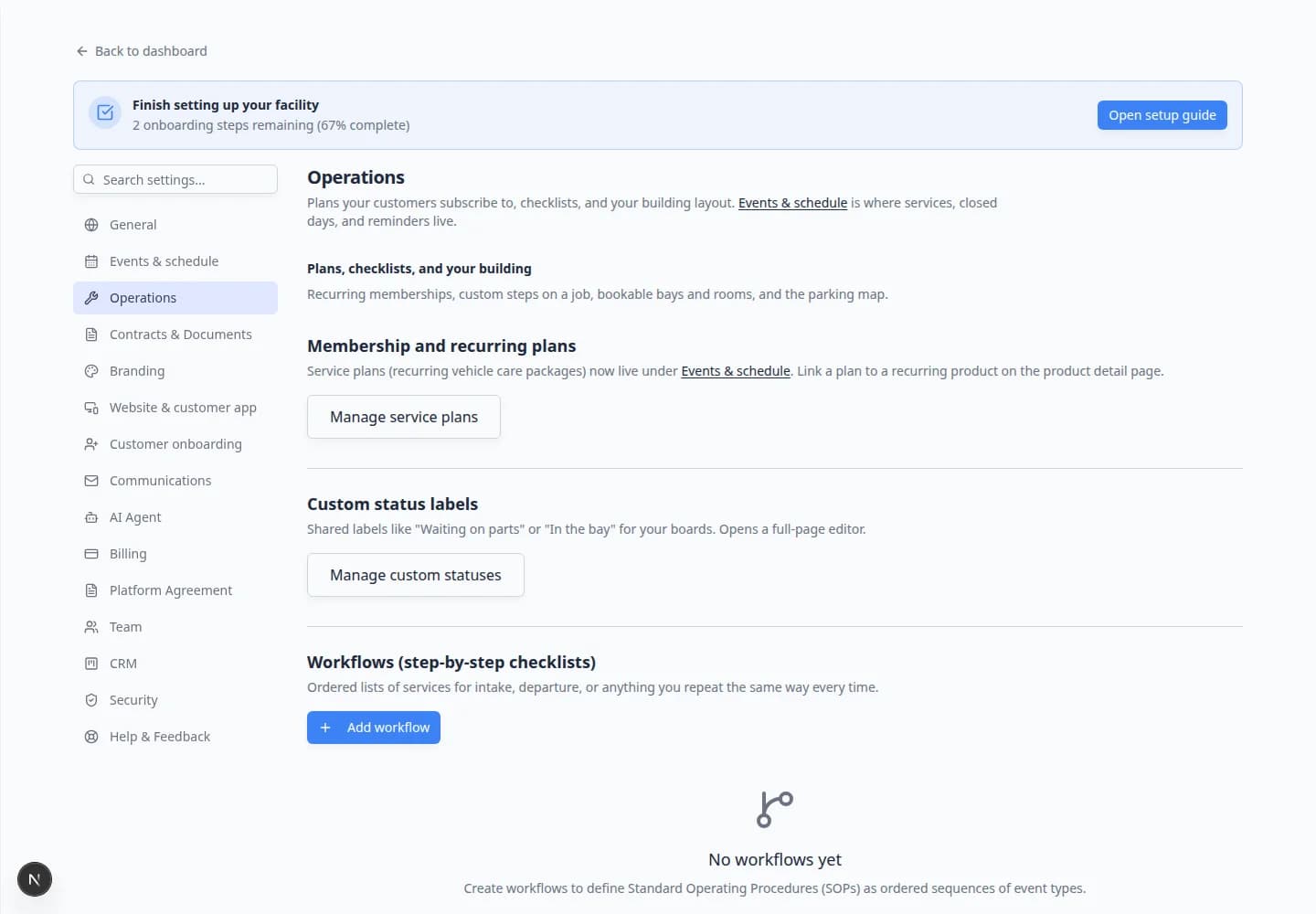 Operations settings showing the Workflows section with Add workflow button