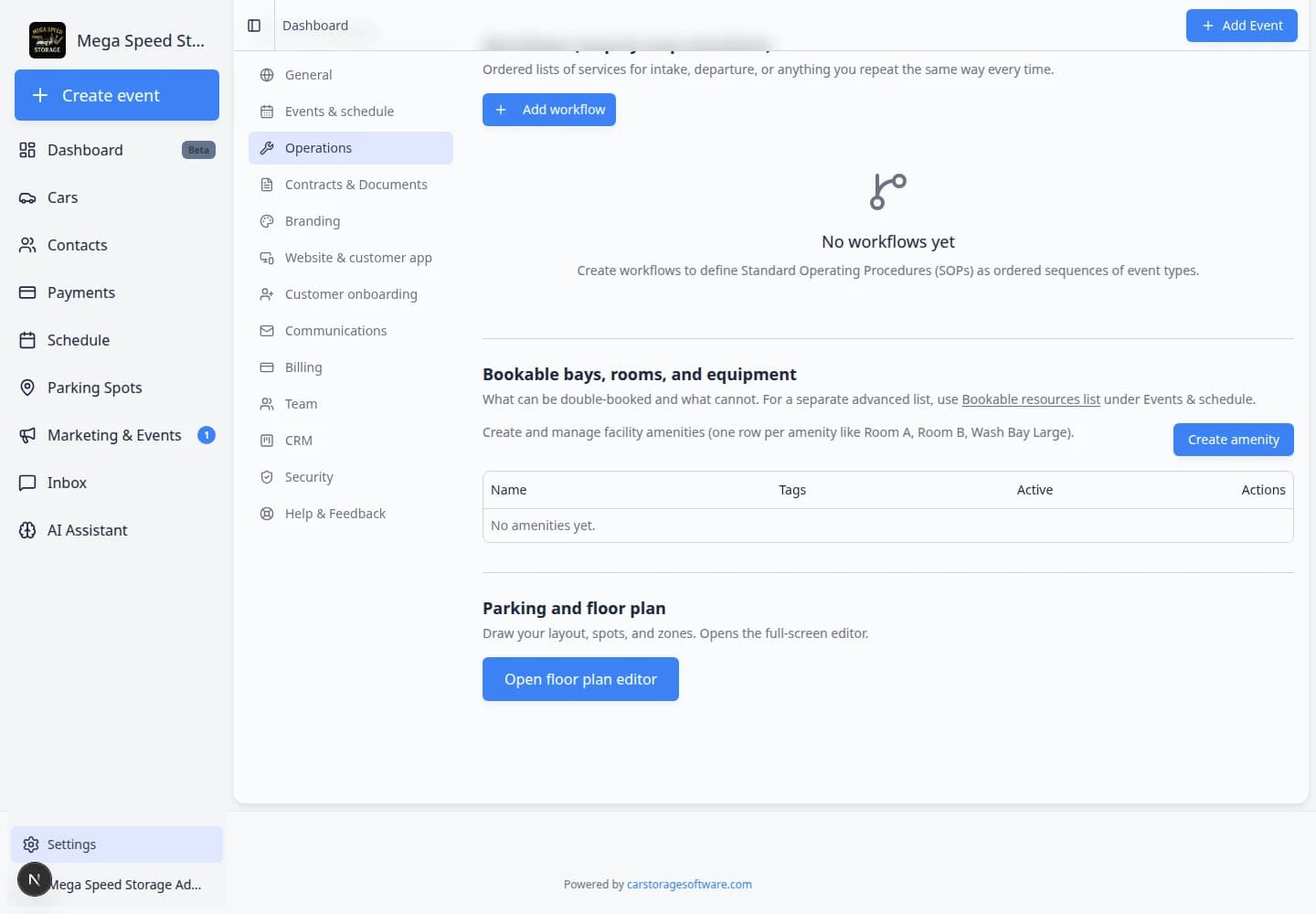 Operations settings page scrolled to Workflows section showing the workflows table and Add workflow button