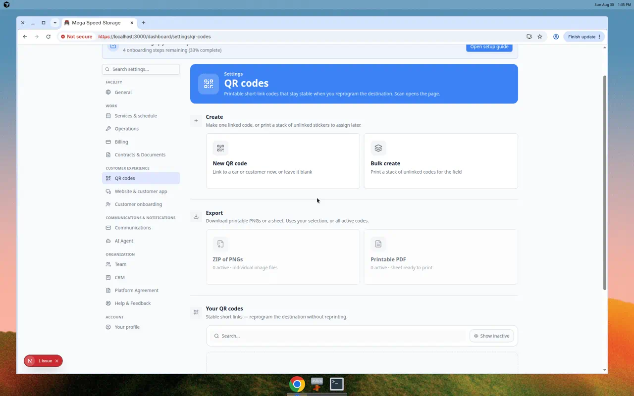 QR codes settings page showing Create, Export, and Your QR codes sections