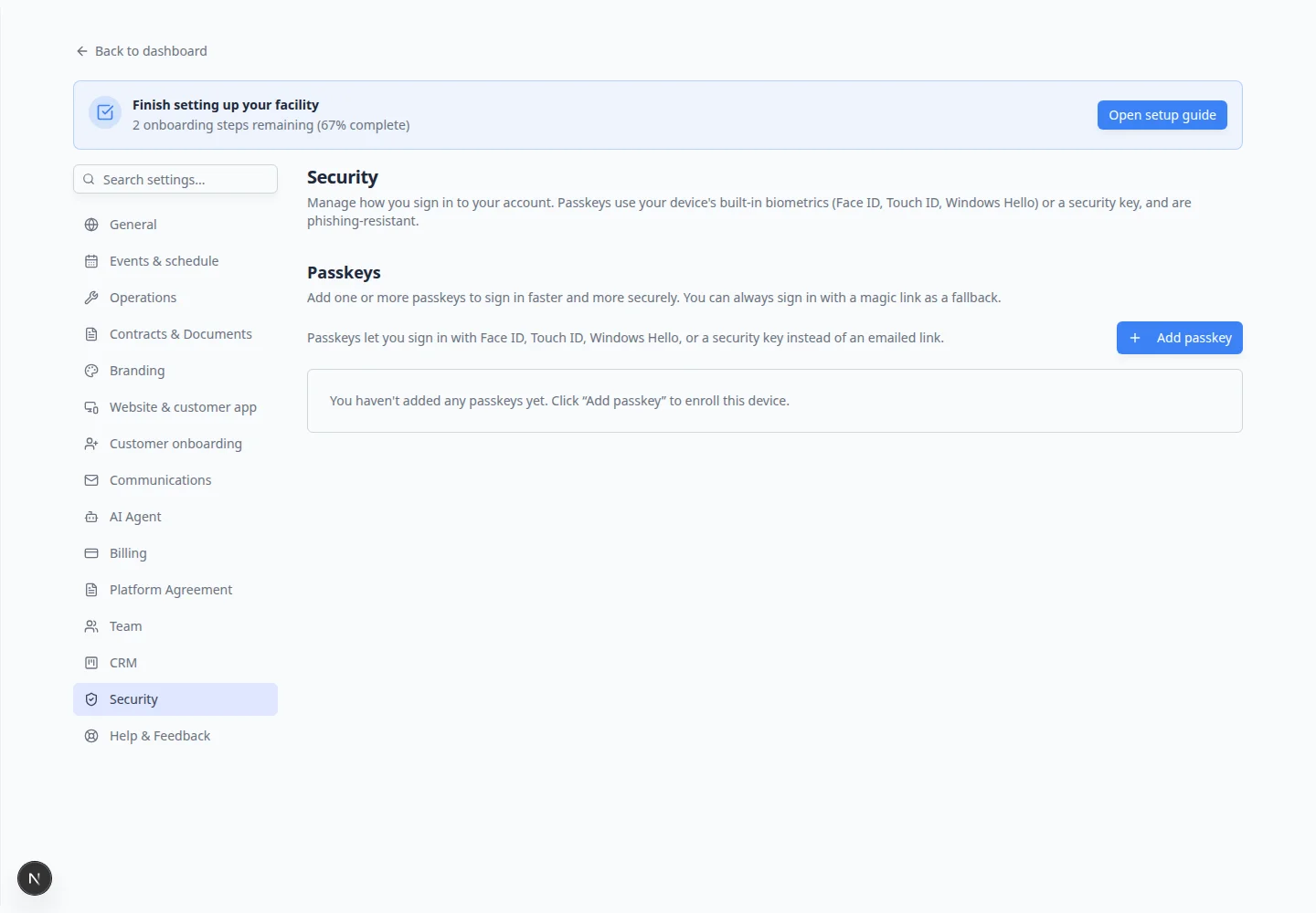 Security settings page showing Passkeys section