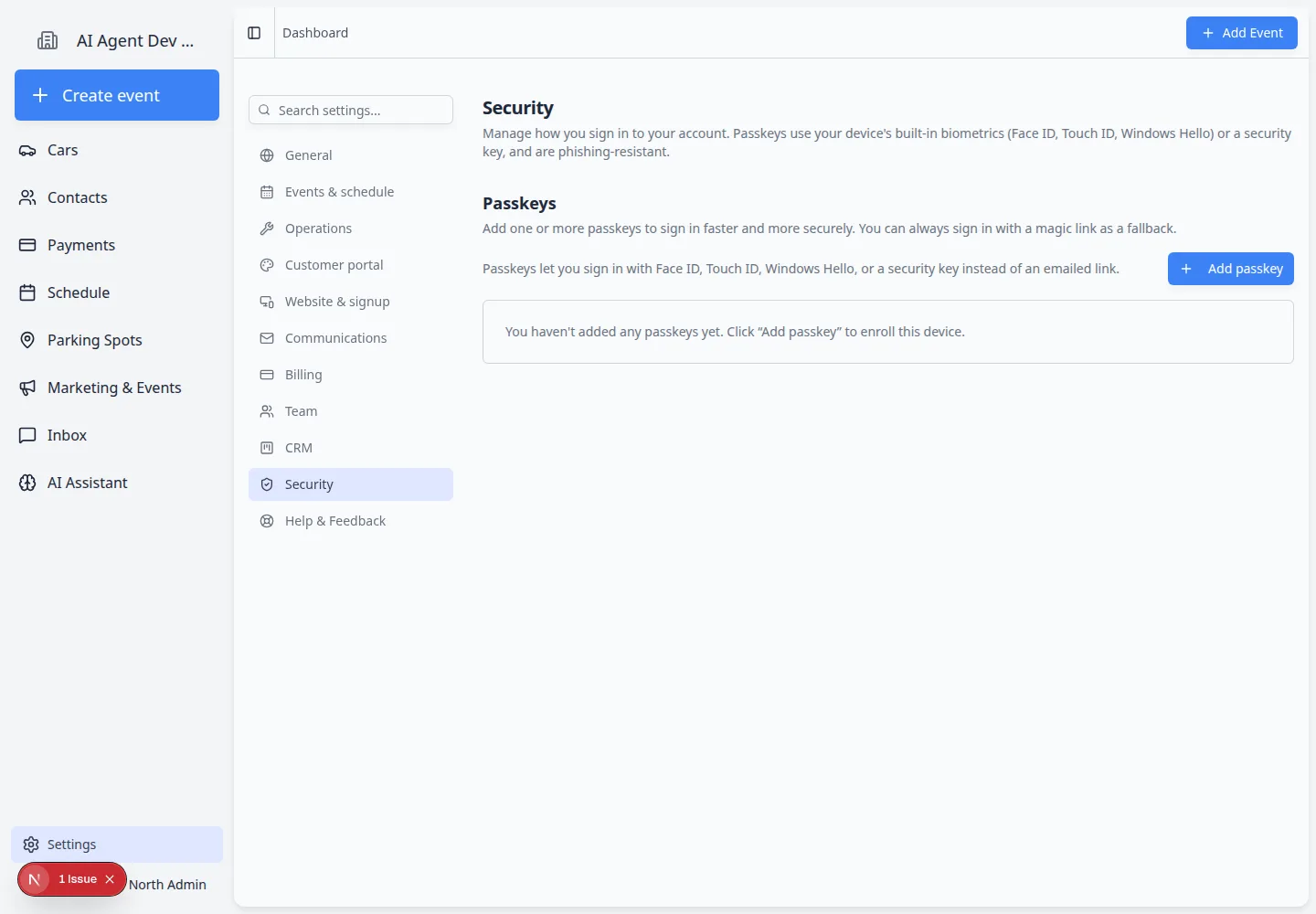 Security settings page showing Passkeys section