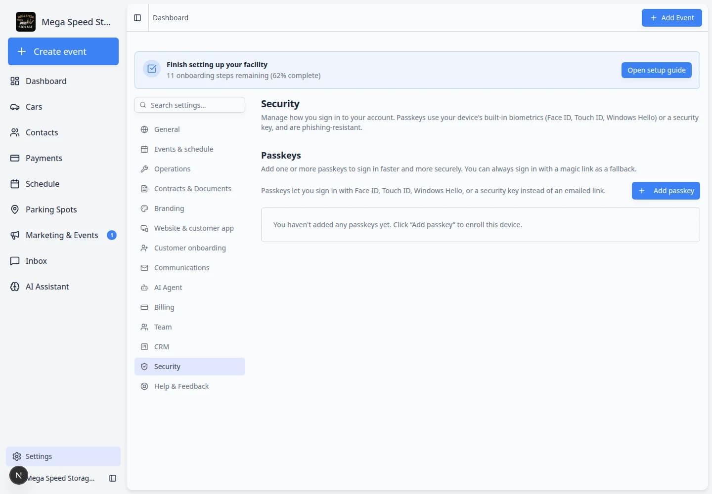 Security settings Passkeys section showing listed passkeys and button to add a new passkey