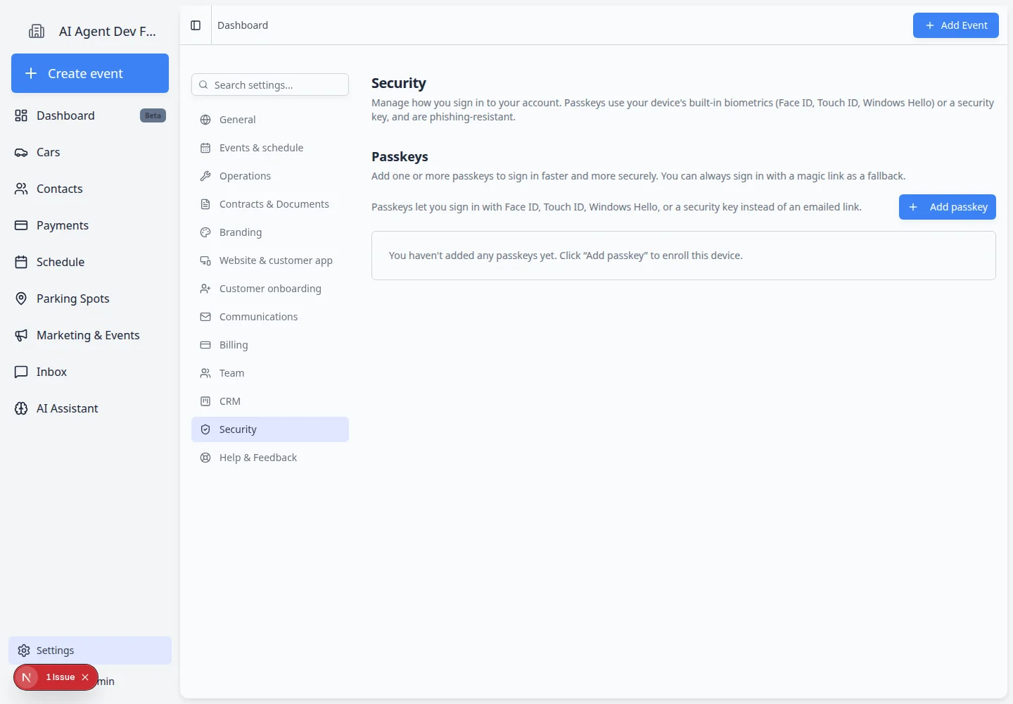 Security settings Passkeys section showing listed passkeys and button to add a new passkey