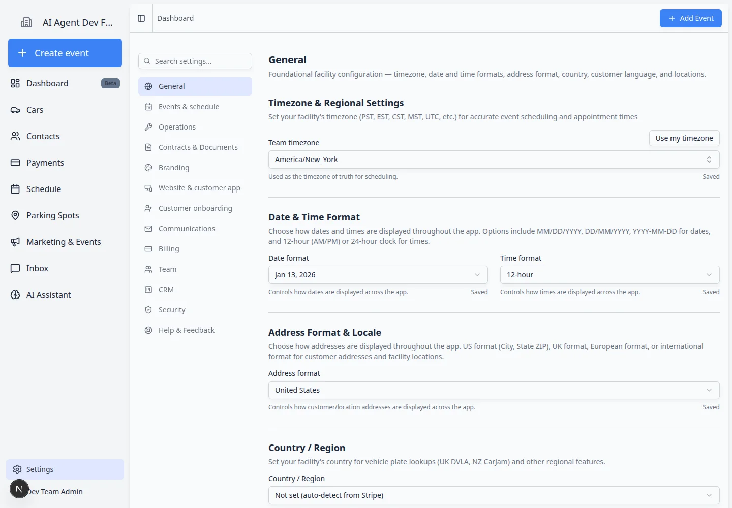 Settings sidebar listing General, Events and schedule, Operations, Contracts and Documents, Branding, Website and customer app, Customer onboarding, Communications, Billing, Team, CRM, and Security