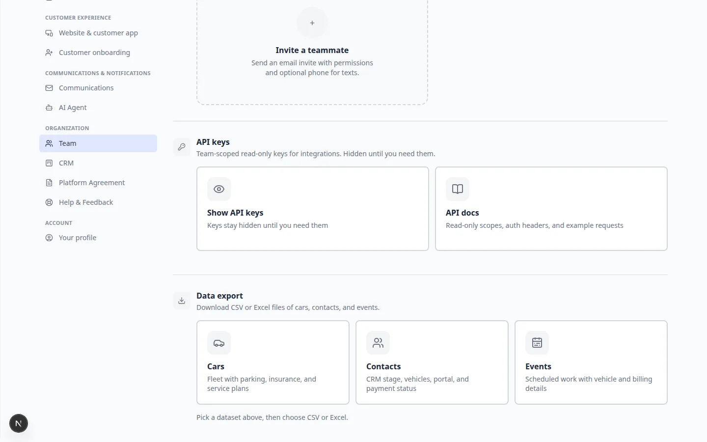 Settings Team page showing Data export cards for Cars, Contacts, and Events under API keys