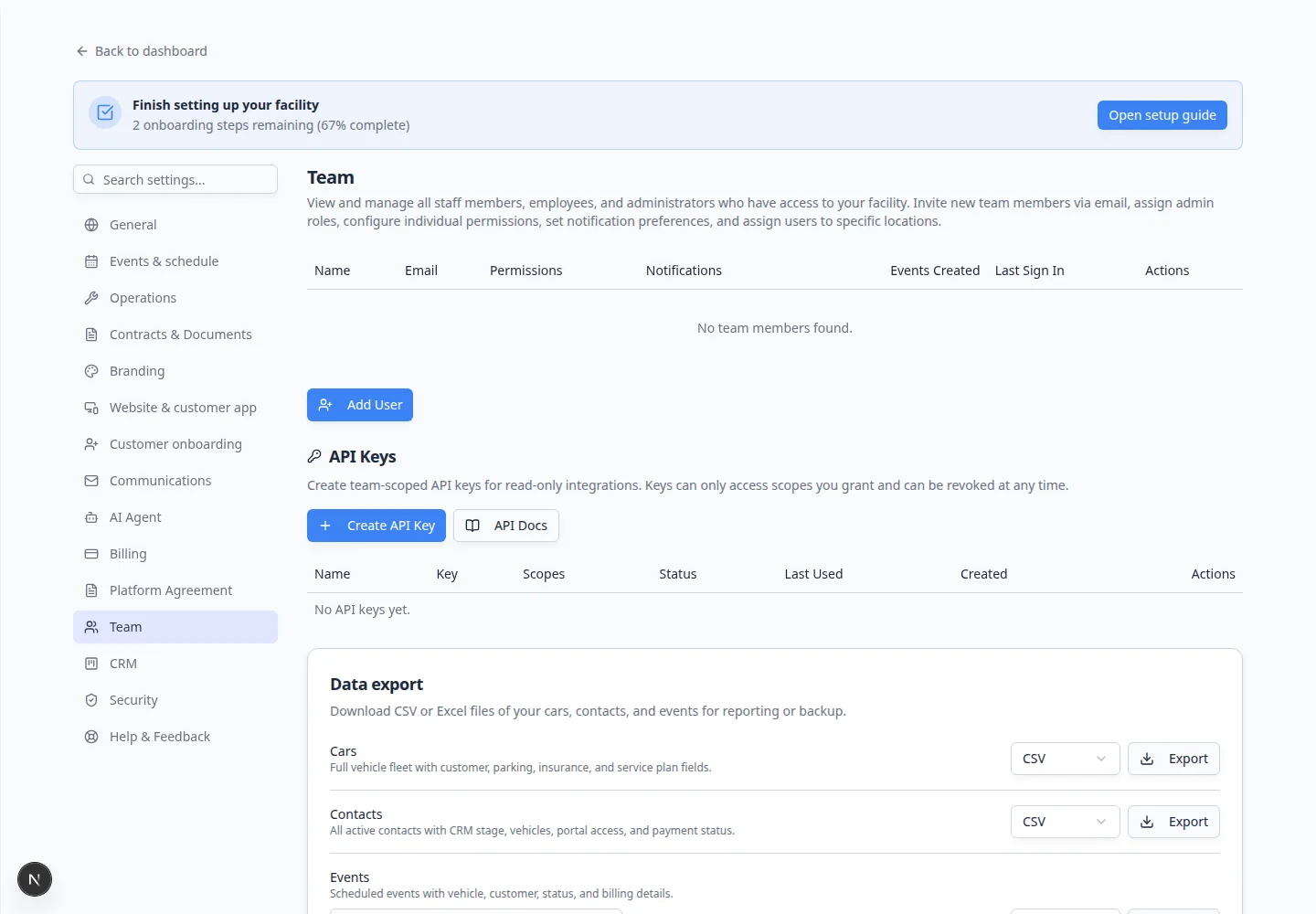 Invite Team Member dialog with email field, invite as team admin switch, and permission checkboxes