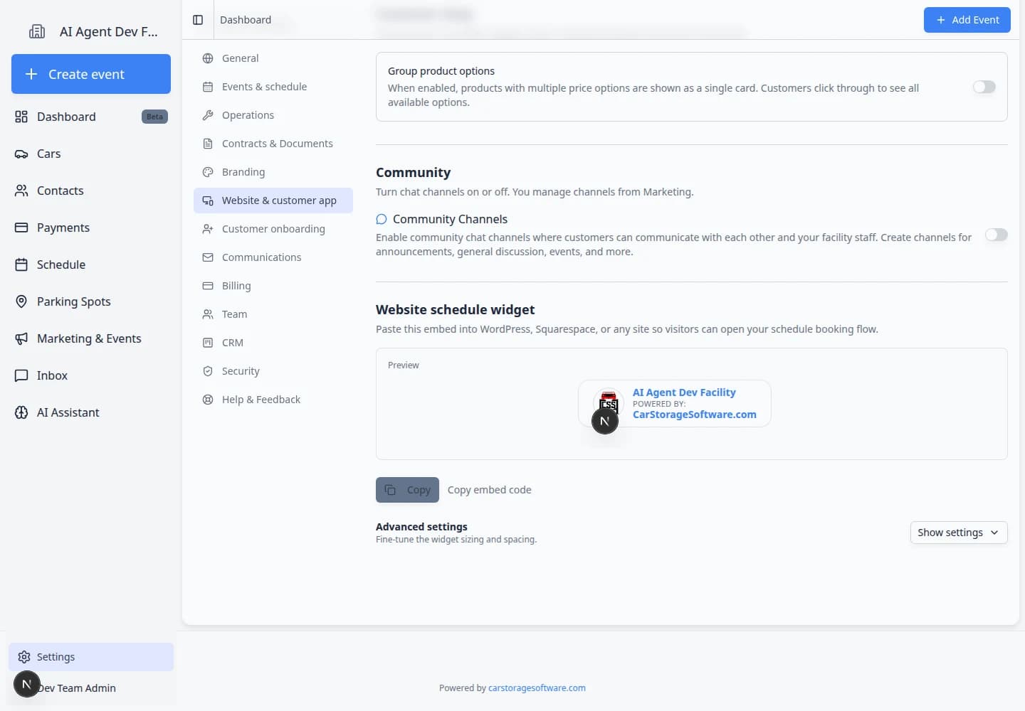 Website and customer app settings showing Community Channels toggle turned on
