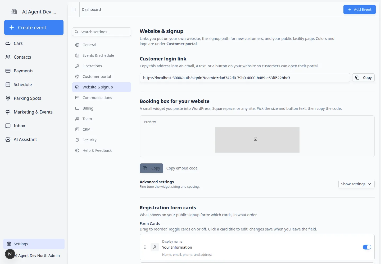 Website and signup settings page showing customer login link, booking box, new customer signup and payment, and public facility page