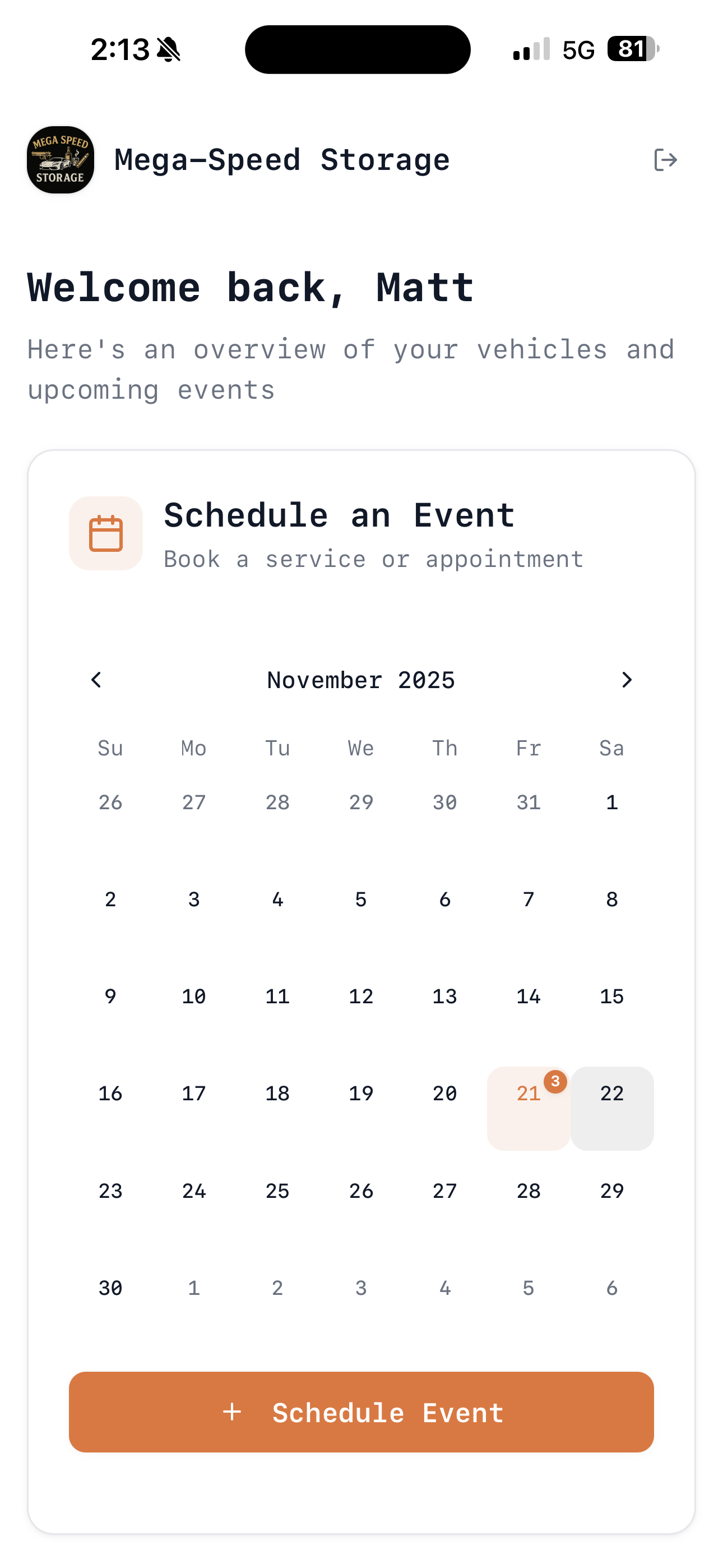Mobile app interface showing schedule an event feature